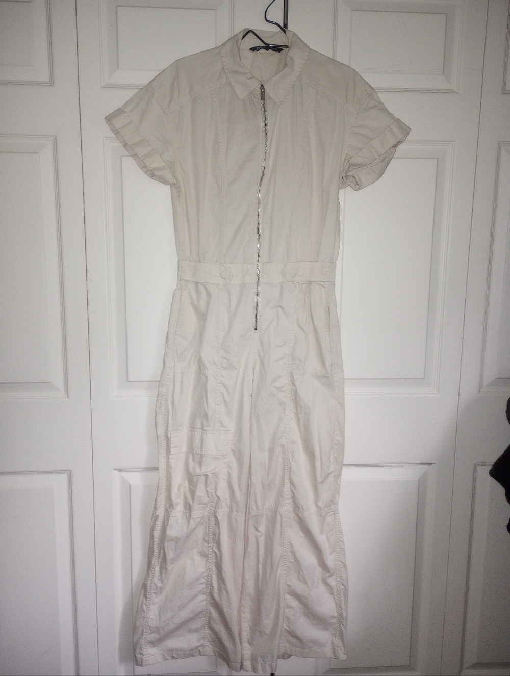 Zara Cream Ivory Wide Leg Jumpsuit Rolled Short Sleeves Pockets Front Zip S - Picture 4 of 15